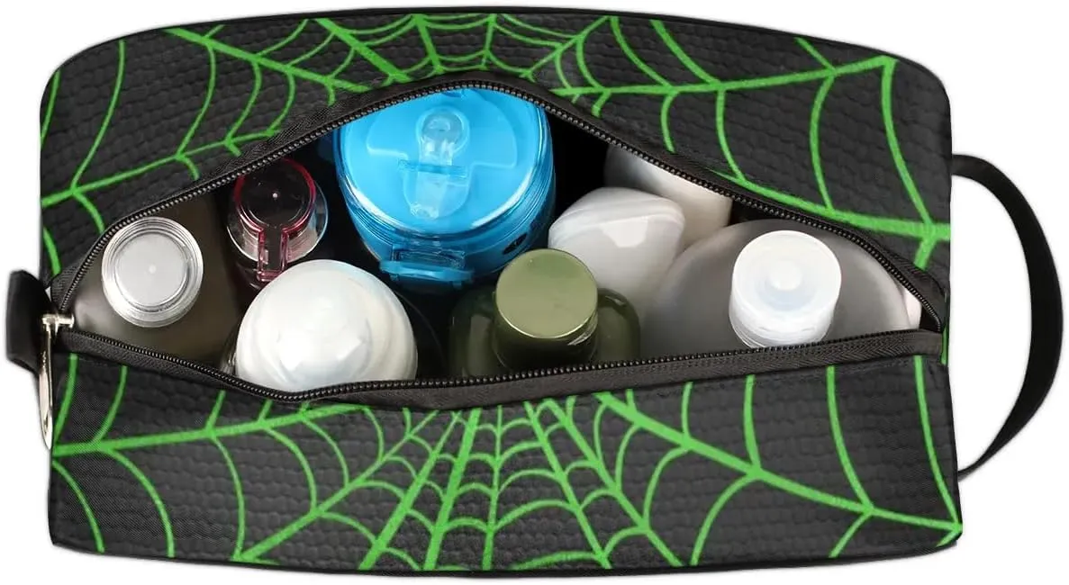 Personalized Gift Travel Makeup Bag Cosmetic Bag for Man Boy, Custom Shaving Bag Make Up Bag Organizer Toiletry Bag Christmas Birthday Gift for Boys Green Black Spider Web