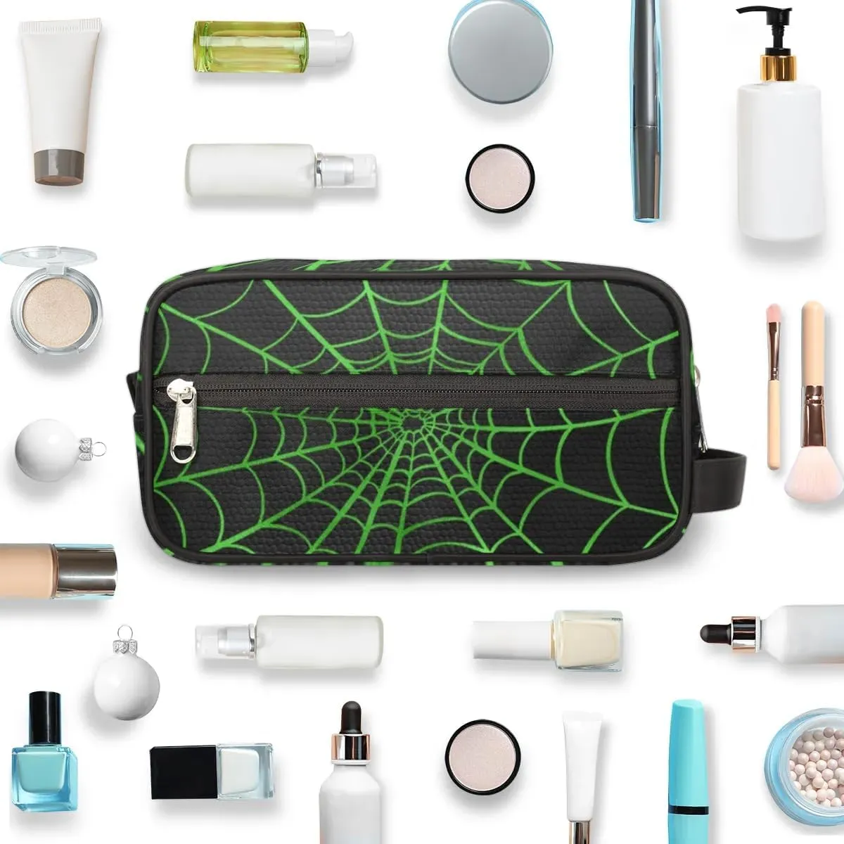 Personalized Gift Travel Makeup Bag Cosmetic Bag for Man Boy, Custom Shaving Bag Make Up Bag Organizer Toiletry Bag Christmas Birthday Gift for Boys Green Black Spider Web