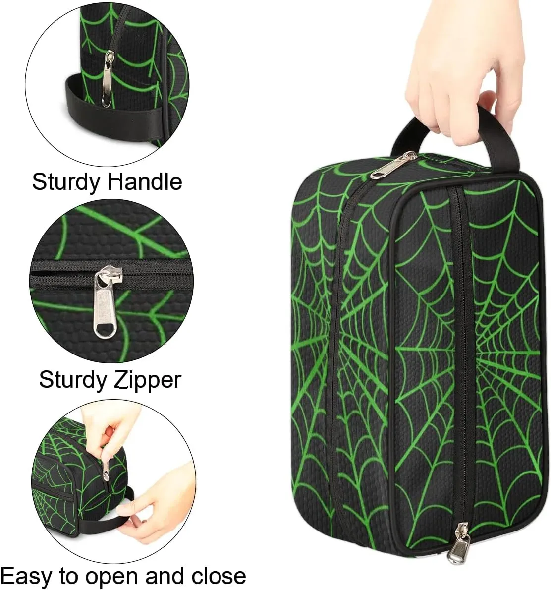 Personalized Gift Travel Makeup Bag Cosmetic Bag for Man Boy, Custom Shaving Bag Make Up Bag Organizer Toiletry Bag Christmas Birthday Gift for Boys Green Black Spider Web
