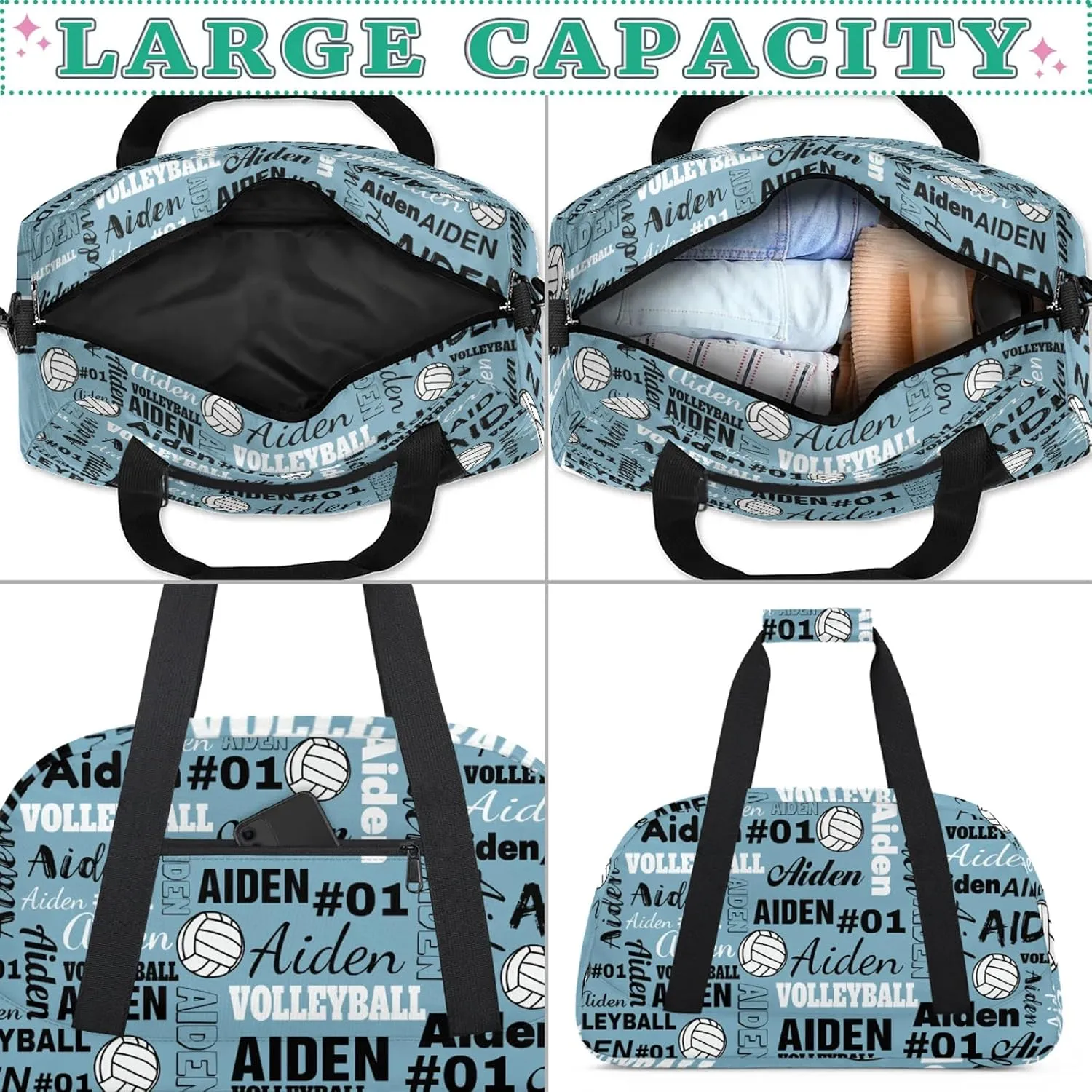 Personalized Name Volleyball Duffle Bags Custom Number Sport Ball Sports Gym Bag Weekender Overnight Training Bag, Blue
