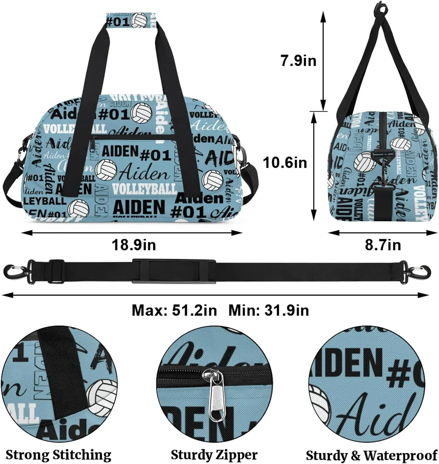 Personalized Name Volleyball Duffle Bags Custom Number Sport Ball Sports Gym Bag Weekender Overnight Training Bag, Blue