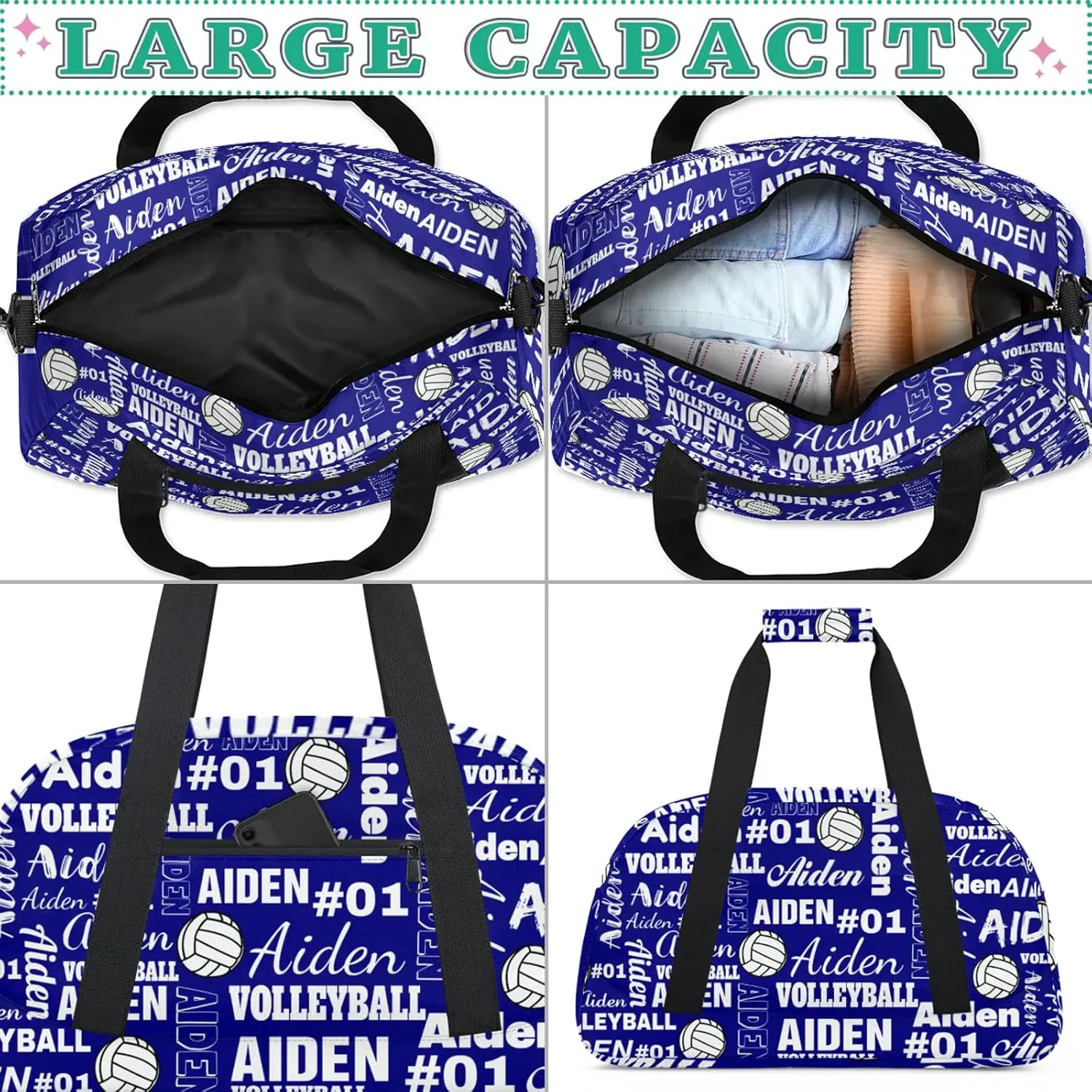 Personalized Name Volleyball Duffle Bags Custom Number Sport Ball Sports Gym Bag Weekender Overnight Training Bag, Bright Blue