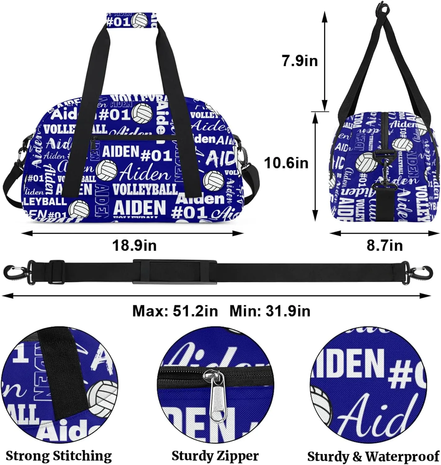 Personalized Name Volleyball Duffle Bags Custom Number Sport Ball Sports Gym Bag Weekender Overnight Training Bag, Bright Blue