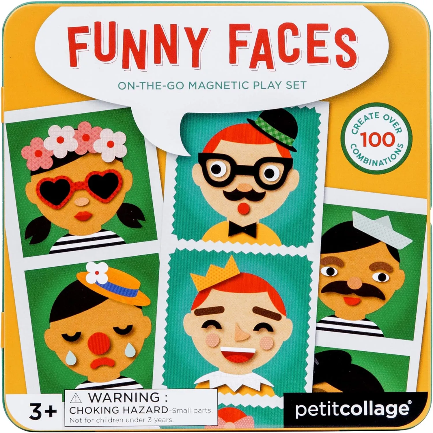 Petit Collage Funny Face Magnetic Travel Play Set – Fun Game for Families, Ideal for 2-4 Players, Ages 4  – Travel Game for Kids with Handy Portable Tin – Make a Great Gift Idea