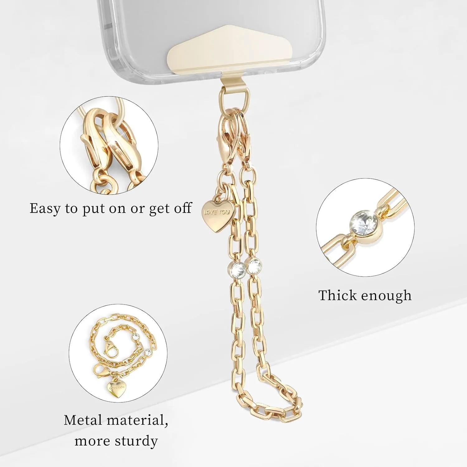 Phone Charm Strap Heart Phone Chain Wristlet With Metal Tether Tab Detachable iPhone Chain Wrist Strap iPhone Lanyard For Women,Fits All Phones,Shopping Traveling Party Walking