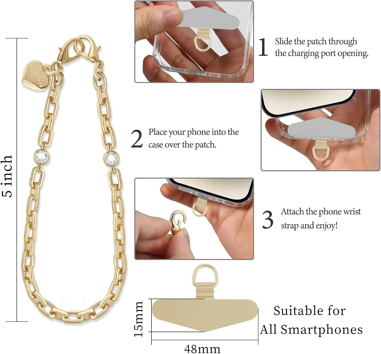 Phone Charm Strap Heart Phone Chain Wristlet With Metal Tether Tab Detachable iPhone Chain Wrist Strap iPhone Lanyard For Women,Fits All Phones,Shopping Traveling Party Walking