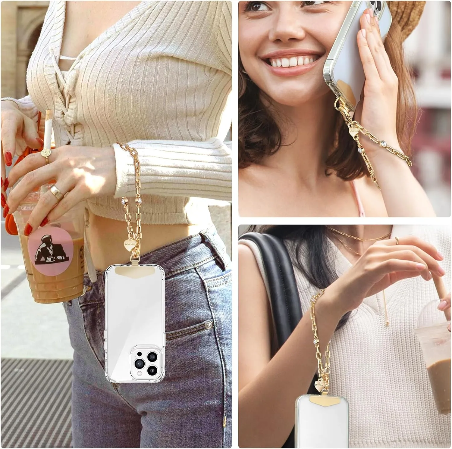 Phone Charm Strap Heart Phone Chain Wristlet With Metal Tether Tab Detachable iPhone Chain Wrist Strap iPhone Lanyard For Women,Fits All Phones,Shopping Traveling Party Walking