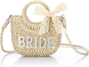 Pinkunn Bride Gift Bride Straw Purse Mrs Handwoven Bag Rhinestone Letter Bag Bachelorette Honeymoon Wedding Bridal Shower