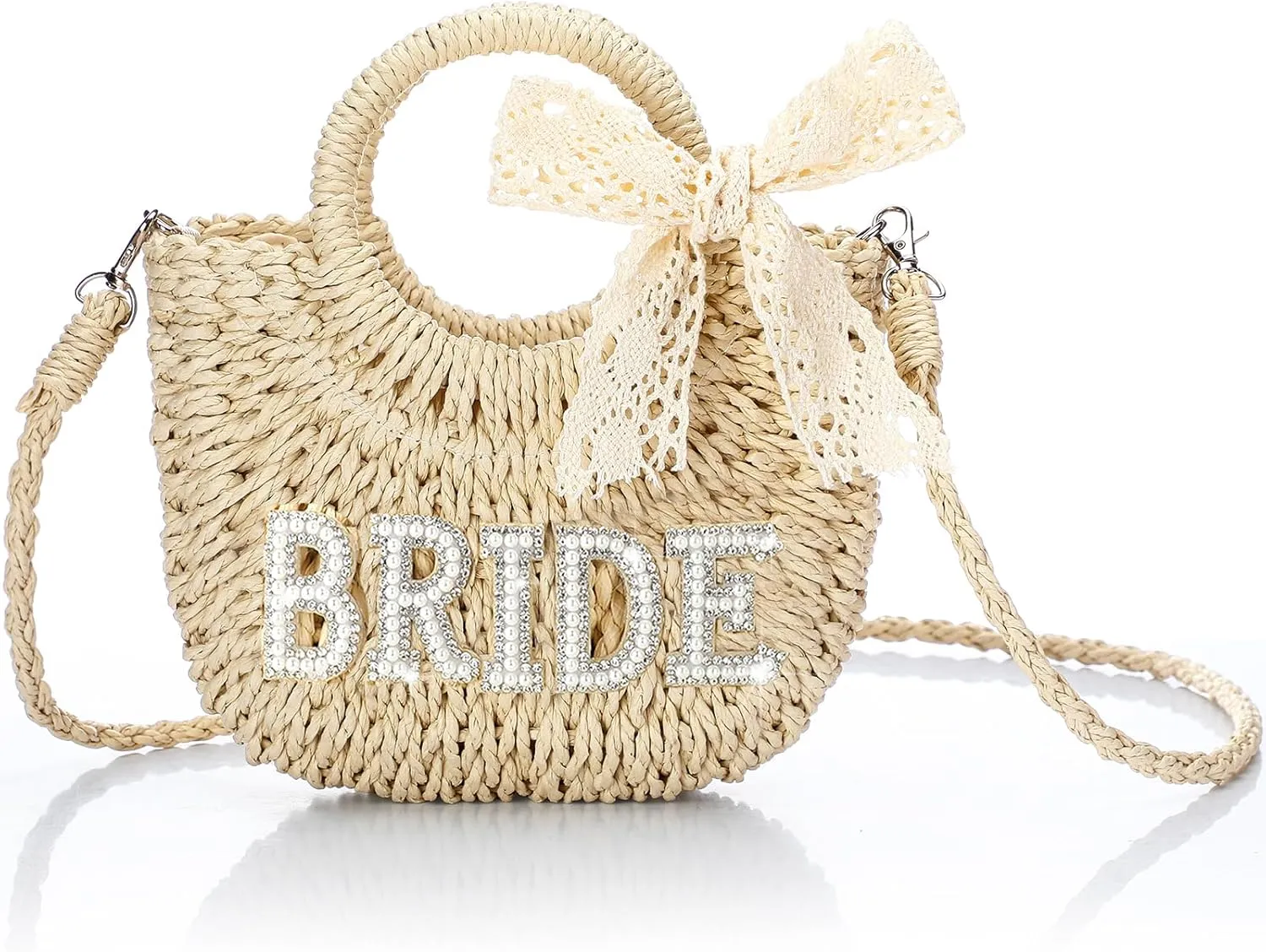 Pinkunn Bride Gift Bride Straw Purse Mrs Handwoven Bag Rhinestone Letter Bag Bachelorette Honeymoon Wedding Bridal Shower