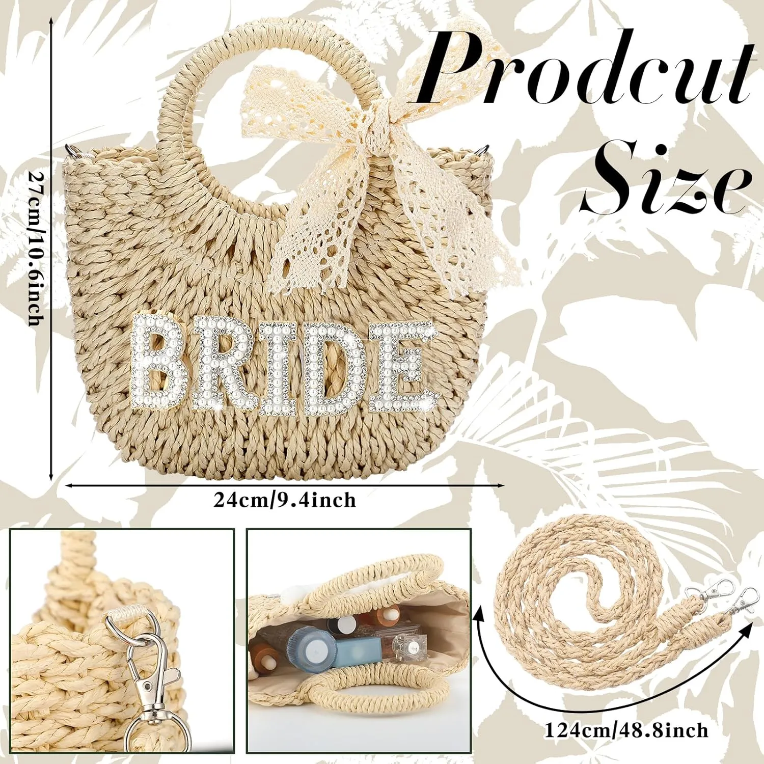 Pinkunn Bride Gift Bride Straw Purse Mrs Handwoven Bag Rhinestone Letter Bag Bachelorette Honeymoon Wedding Bridal Shower