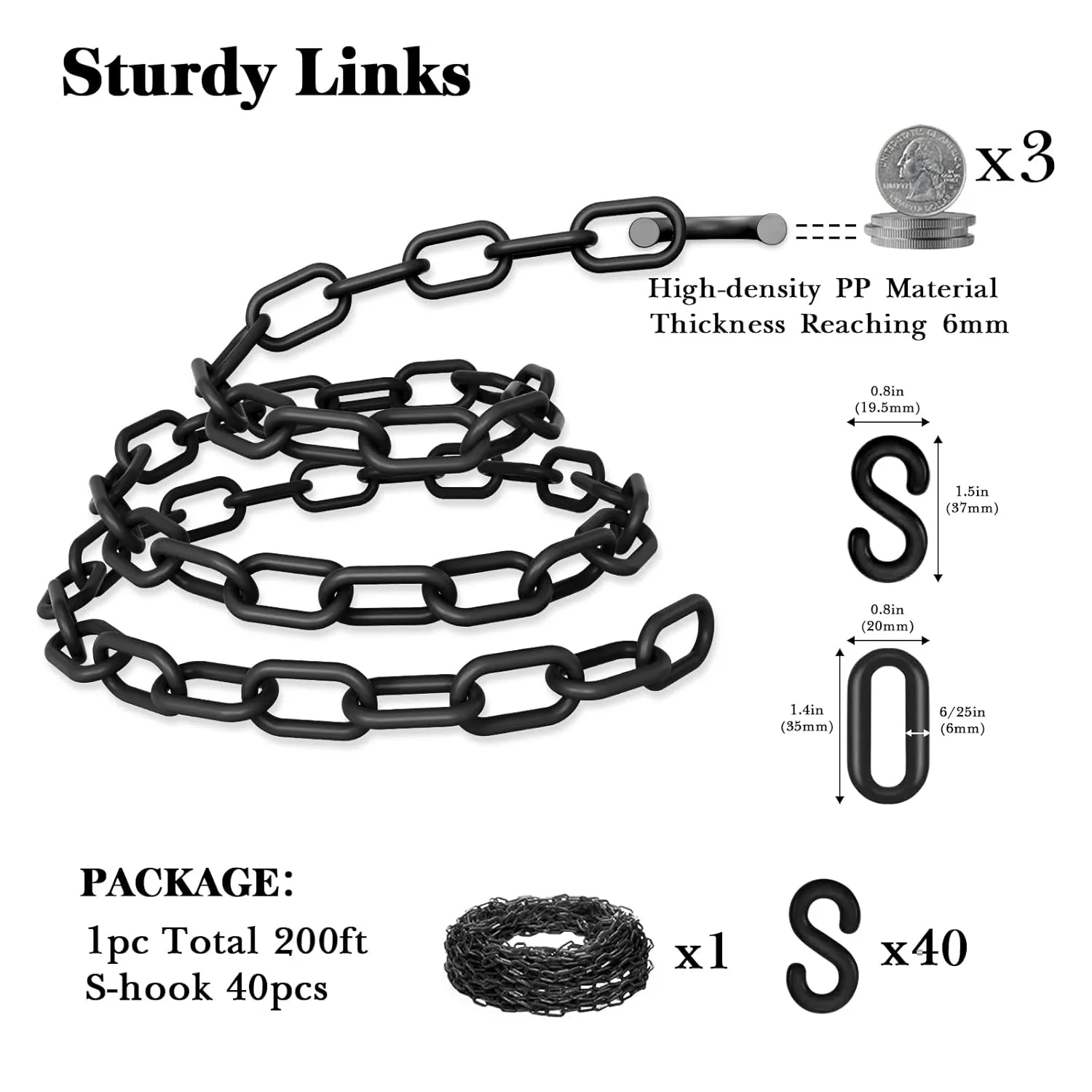 Plastic Chain, 200Ft Black Plastic Chains Links, Large Plastic Safety Chain Barrier