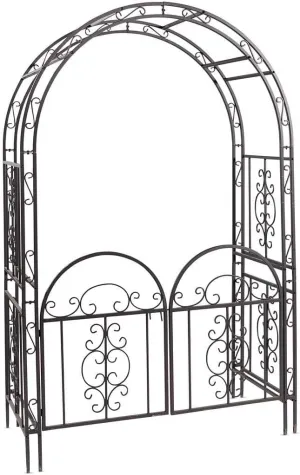 Plow & Hearth Arch Metal Outdoor Garden Arbor Double Gate | Montebello | 7 Feet Tall | Gunmetal Black | Trellis Lattice Climbing Plants