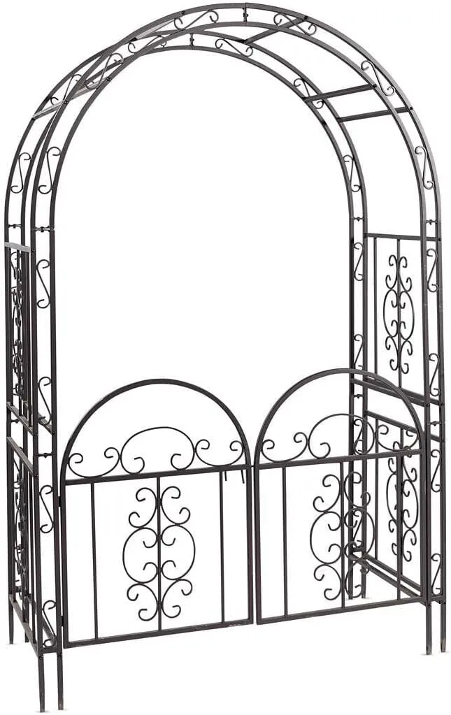 Plow & Hearth Arch Metal Outdoor Garden Arbor Double Gate | Montebello | 7 Feet Tall | Gunmetal Black | Trellis Lattice Climbing Plants