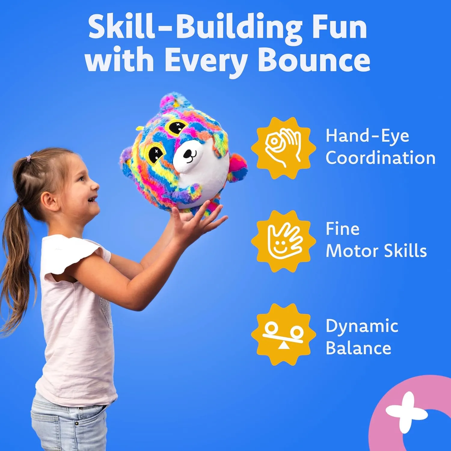 Plush Bouncy Ball for Kids, 9in Inflatable Sensory Toy with Animal Cover for Boys & Girls Ages 3 and up, Cuddly Squishy with Air Pump Included, Frizzy Hugpal