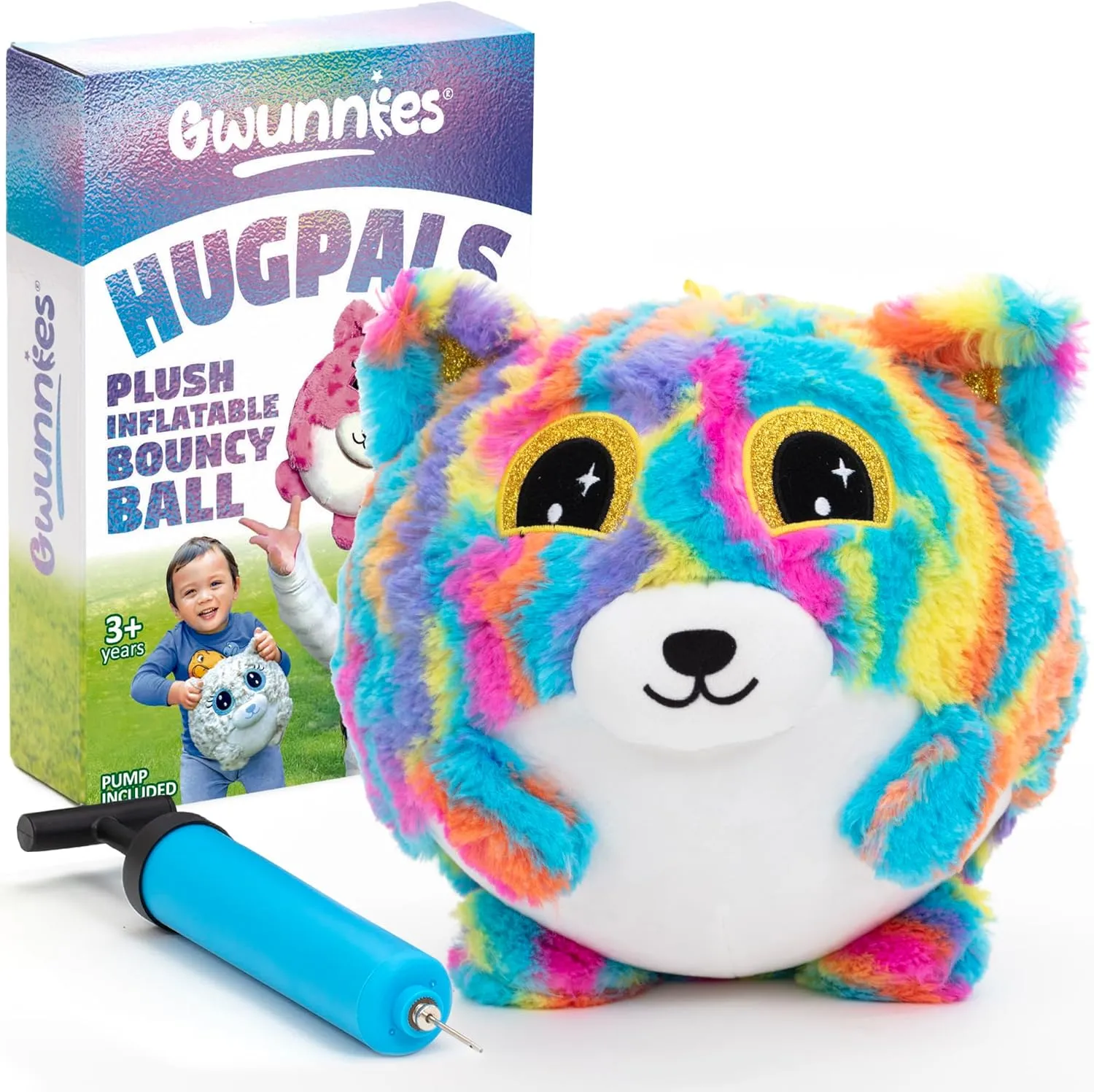 Plush Bouncy Ball for Kids, 9in Inflatable Sensory Toy with Animal Cover for Boys & Girls Ages 3 and up, Cuddly Squishy with Air Pump Included, Frizzy Hugpal