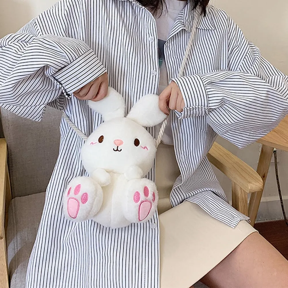Plush Bunny Crossbody Messenger Shoulder Bag for Girls Women Cartoon Fluffy Rabbit Chain Wallets Bag
