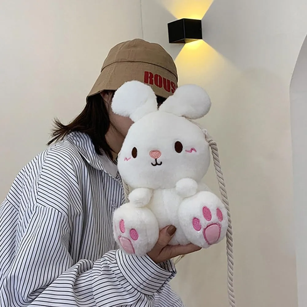 Plush Bunny Crossbody Messenger Shoulder Bag for Girls Women Cartoon Fluffy Rabbit Chain Wallets Bag
