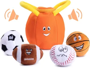 Plush Creations Talking Sports Plush Bag with 4 Talking Soft Plush Balls. Sport Set Includes Plush Sports Bag Plush Basketball Plush Baseball Plush Soccer Ball and Plush Football