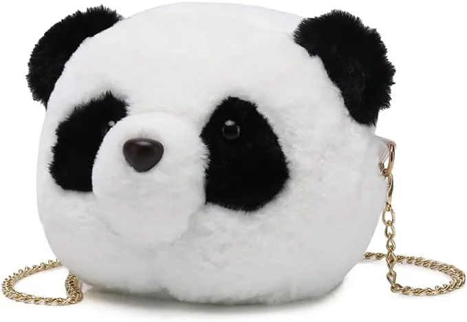 Plush Panda Purse for Women, Cute Carton Crossbody Bag Small Fluffy Panda Shoulder Bag, Mini Plush Animal Bag with Removable Gold Chain for Travel (Black Panda)