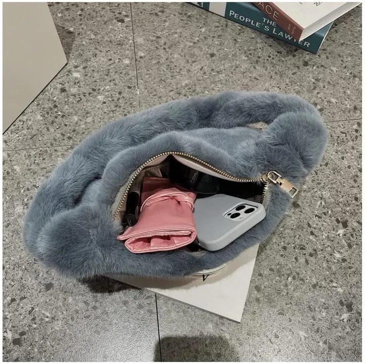 Plush Tote Bag Y2K Fuzzy Furry Hobo Bag Solid Purse Plush Aesthetic Shoulder Bag Accessories for Autumn Winter (Gray)
