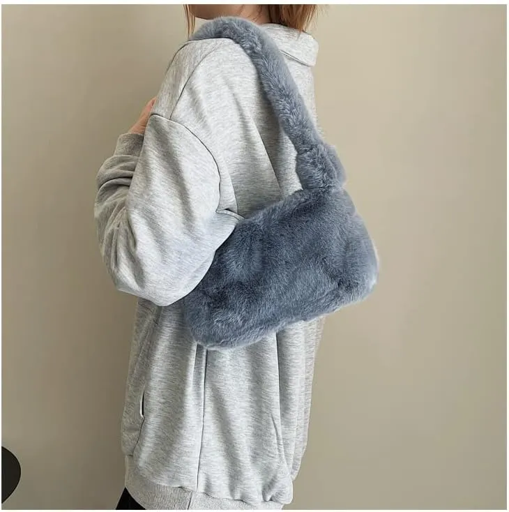 Plush Tote Bag Y2K Fuzzy Furry Hobo Bag Solid Purse Plush Aesthetic Shoulder Bag Accessories for Autumn Winter (Gray)