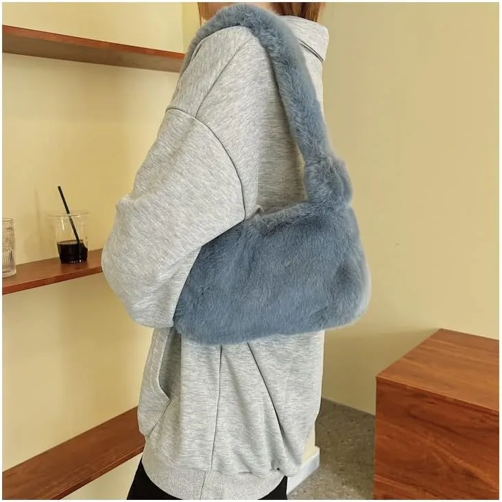 Plush Tote Bag Y2K Fuzzy Furry Hobo Bag Solid Purse Plush Aesthetic Shoulder Bag Accessories for Autumn Winter (Gray)