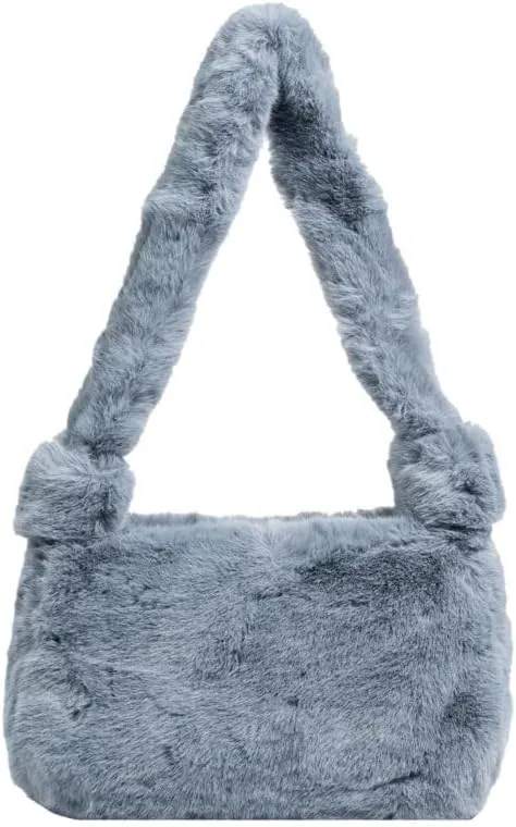 Plush Tote Bag Y2K Fuzzy Furry Hobo Bag Solid Purse Plush Aesthetic Shoulder Bag Accessories for Autumn Winter (Gray)