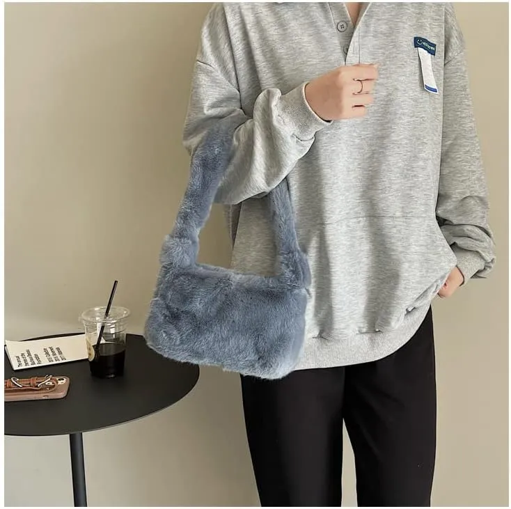 Plush Tote Bag Y2K Fuzzy Furry Hobo Bag Solid Purse Plush Aesthetic Shoulder Bag Accessories for Autumn Winter (Gray)
