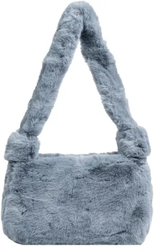 Plush Tote Bag Y2K Fuzzy Furry Hobo Bag Solid Purse Plush Aesthetic Shoulder Bag Accessories for Autumn Winter (Gray)
