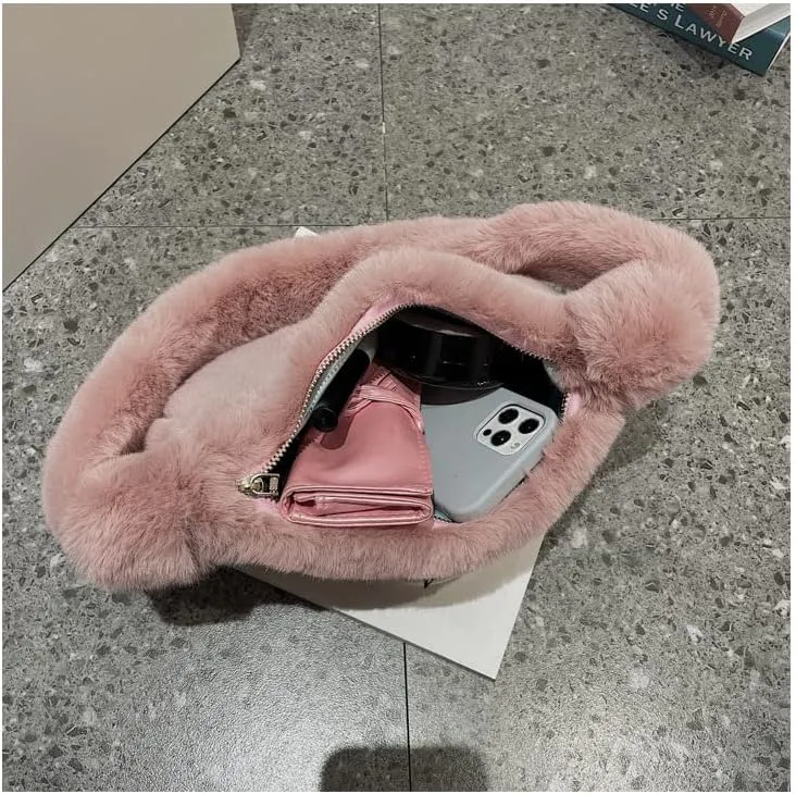 Plush Tote Bag Y2K Fuzzy Furry Hobo Bag Solid Purse Plush Aesthetic Shoulder Bag Accessories for Autumn Winter (Pink)