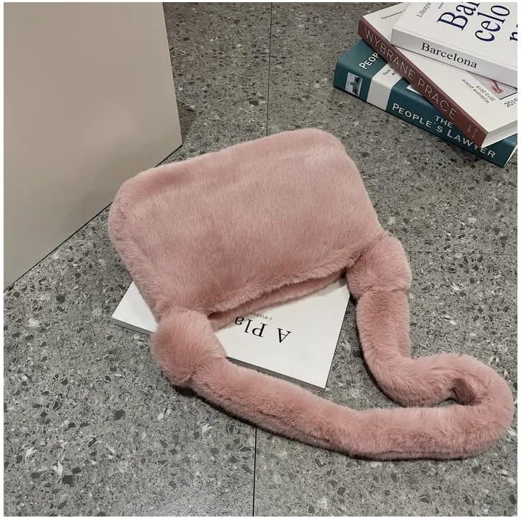 Plush Tote Bag Y2K Fuzzy Furry Hobo Bag Solid Purse Plush Aesthetic Shoulder Bag Accessories for Autumn Winter (Pink)