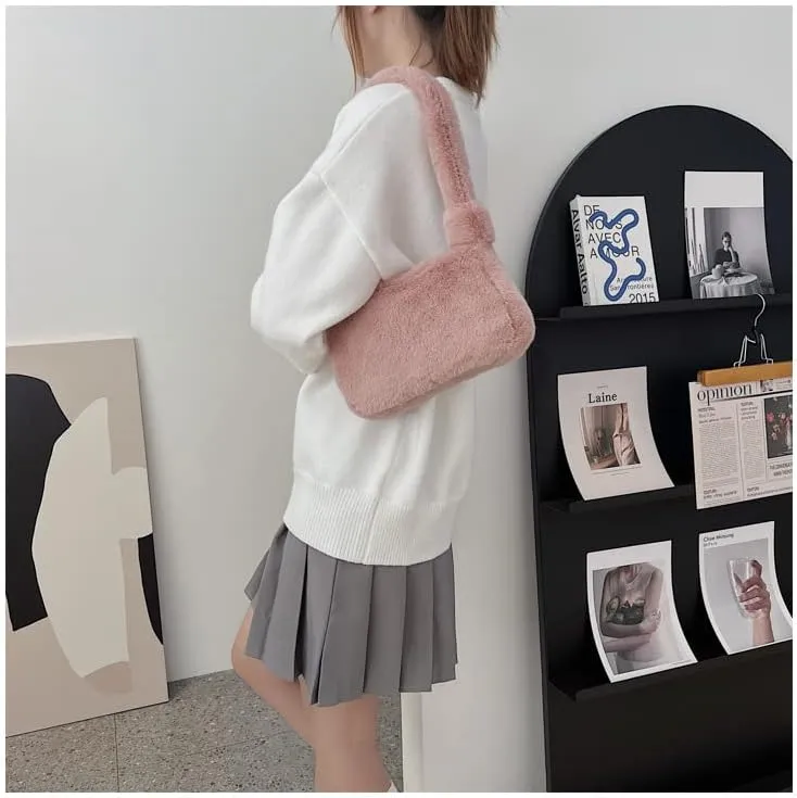 Plush Tote Bag Y2K Fuzzy Furry Hobo Bag Solid Purse Plush Aesthetic Shoulder Bag Accessories for Autumn Winter (Pink)