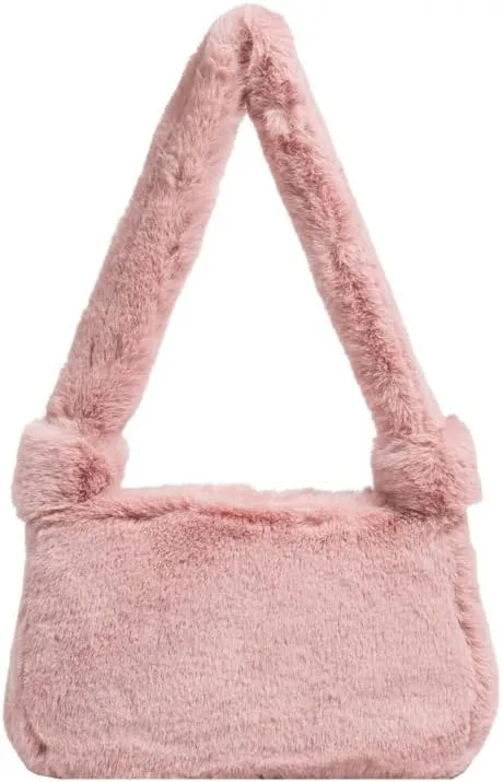 Plush Tote Bag Y2K Fuzzy Furry Hobo Bag Solid Purse Plush Aesthetic Shoulder Bag Accessories for Autumn Winter (Pink)