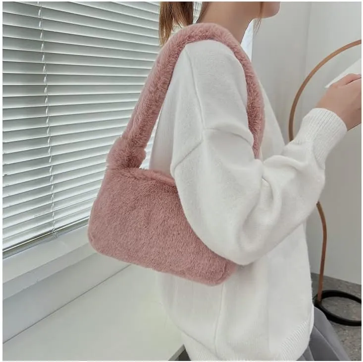 Plush Tote Bag Y2K Fuzzy Furry Hobo Bag Solid Purse Plush Aesthetic Shoulder Bag Accessories for Autumn Winter (Pink)