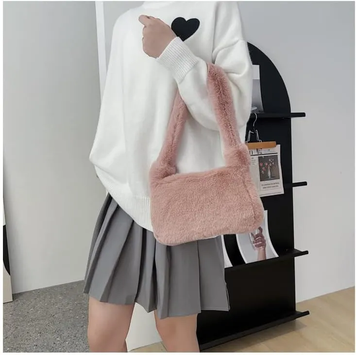 Plush Tote Bag Y2K Fuzzy Furry Hobo Bag Solid Purse Plush Aesthetic Shoulder Bag Accessories for Autumn Winter (Pink)
