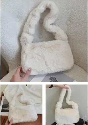 Plush Tote Bag Y2K Fuzzy Furry Hobo Bag Solid Purse Plush Aesthetic Shoulder Bag Accessories for Autumn Winter (White)