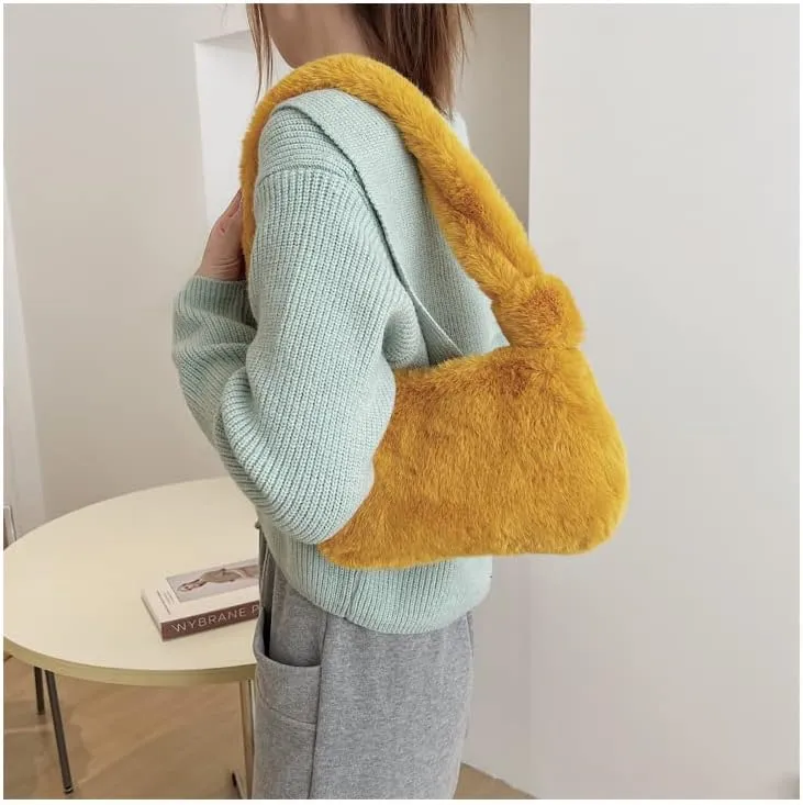 Plush Tote Bag Y2K Fuzzy Furry Hobo Bag Solid Purse Plush Aesthetic Shoulder Bag Accessories for Autumn Winter (Yellow)