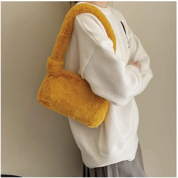 Plush Tote Bag Y2K Fuzzy Furry Hobo Bag Solid Purse Plush Aesthetic Shoulder Bag Accessories for Autumn Winter (Yellow)