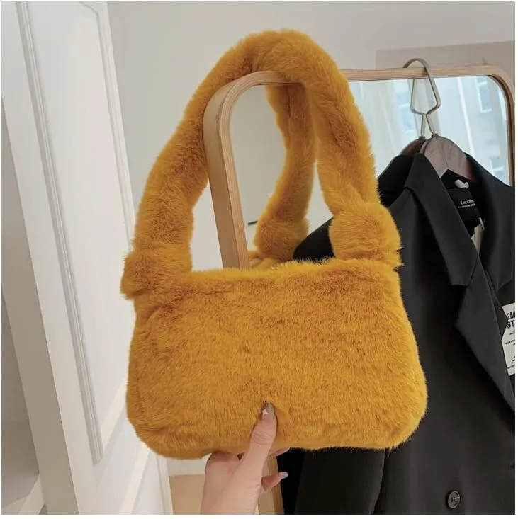 Plush Tote Bag Y2K Fuzzy Furry Hobo Bag Solid Purse Plush Aesthetic Shoulder Bag Accessories for Autumn Winter (Yellow)