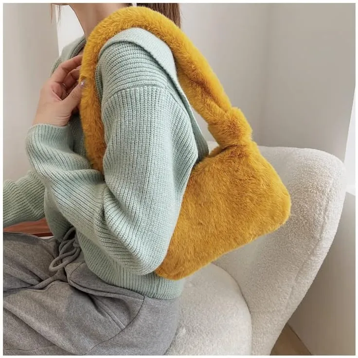 Plush Tote Bag Y2K Fuzzy Furry Hobo Bag Solid Purse Plush Aesthetic Shoulder Bag Accessories for Autumn Winter (Yellow)