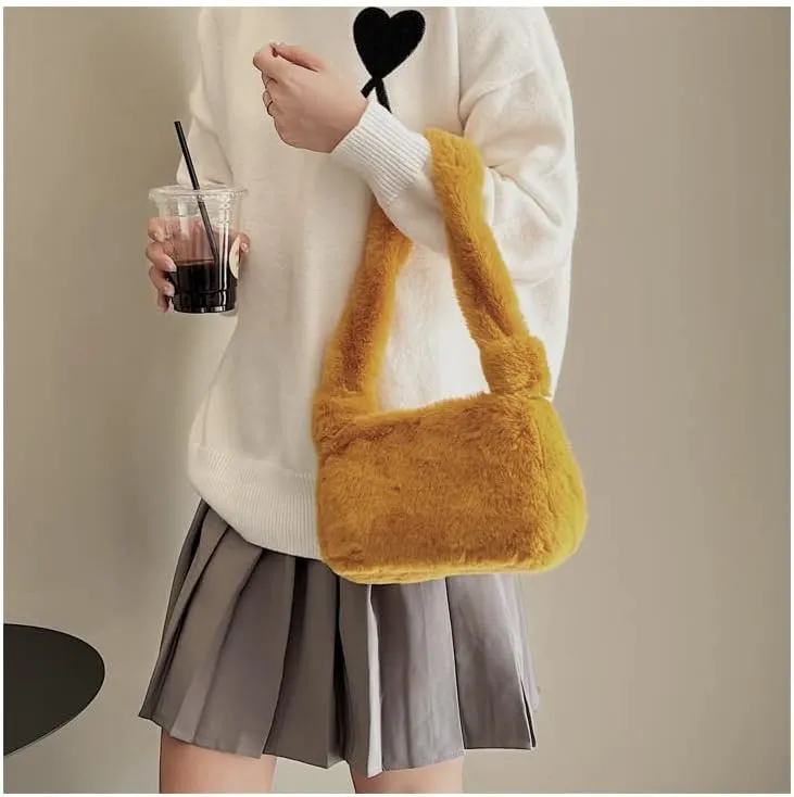 Plush Tote Bag Y2K Fuzzy Furry Hobo Bag Solid Purse Plush Aesthetic Shoulder Bag Accessories for Autumn Winter (Yellow)