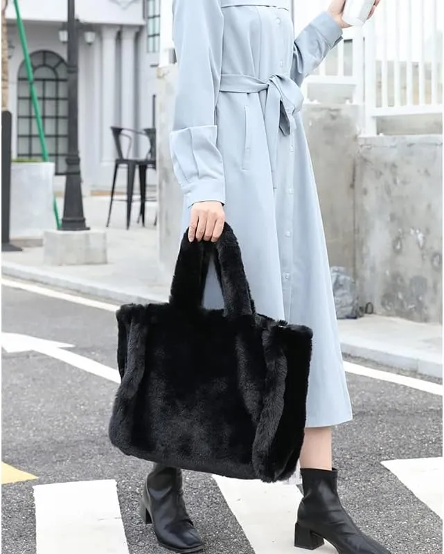 Plush Tote Bag Y2K Women Aesthetic Fuzzy Underarm Bag Furry Warm Winter Shoulder Bag Trendy Accessories (Black)
