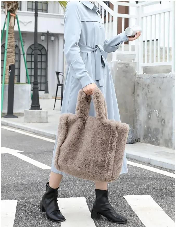 Plush Tote Bag Y2K Women Aesthetic Fuzzy Underarm Bag Furry Warm Winter Shoulder Bag Trendy Accessories (Coffee)
