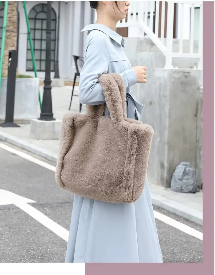Plush Tote Bag Y2K Women Aesthetic Fuzzy Underarm Bag Furry Warm Winter Shoulder Bag Trendy Accessories (Coffee)
