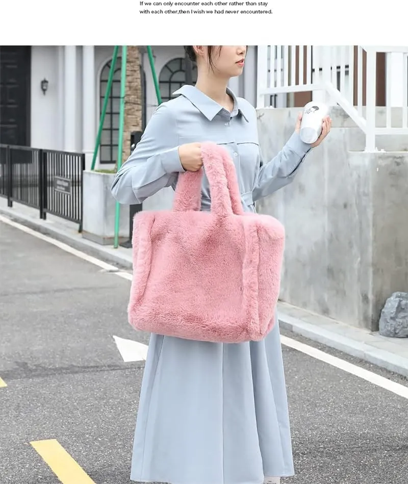 Plush Tote Bag Y2K Women Aesthetic Fuzzy Underarm Bag Furry Warm Winter Shoulder Bag Trendy Accessories (Pink)