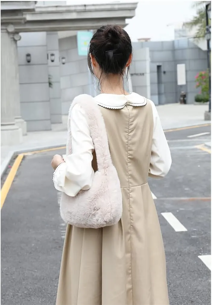 Plush Underarm Bag Y2K Women Aesthetic Fuzzy Tote Bag Furry Warm Winter Shoulder Bag Accessories (Beige)