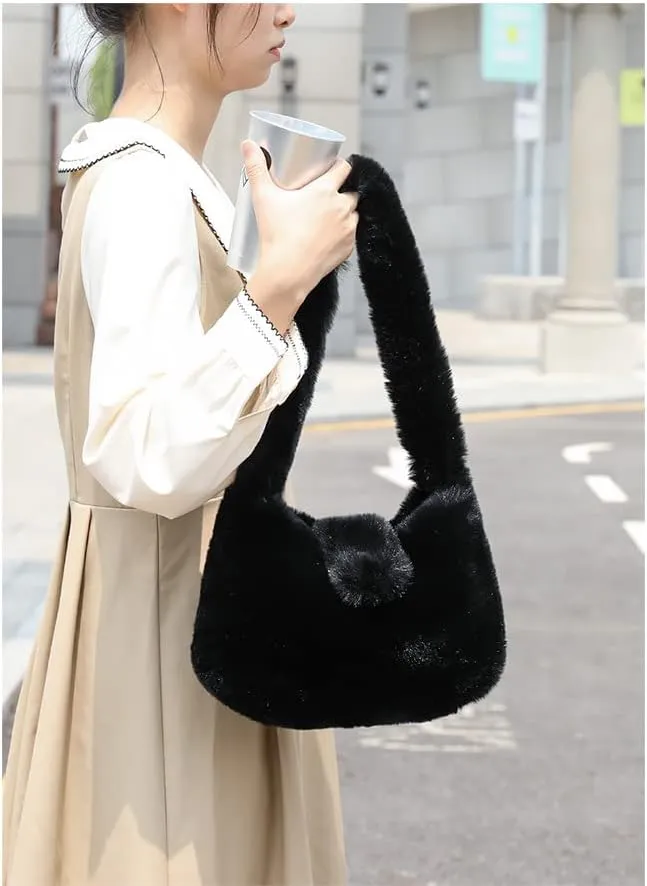 Plush Underarm Bag Y2K Women Aesthetic Fuzzy Tote Bag Furry Warm Winter Shoulder Bag Accessories (Black)