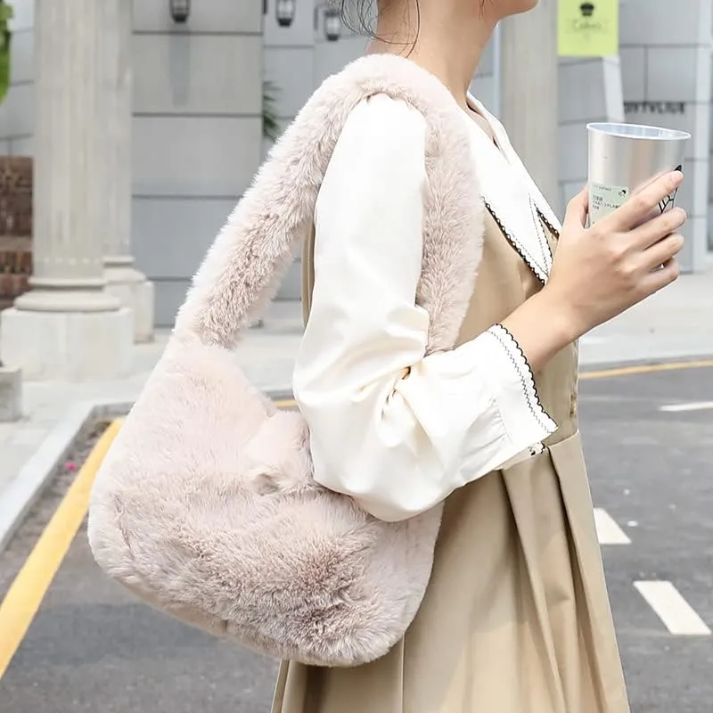 Plush Underarm Bag Y2K Women Aesthetic Fuzzy Tote Bag Furry Warm Winter Shoulder Bag Accessories (Blue)