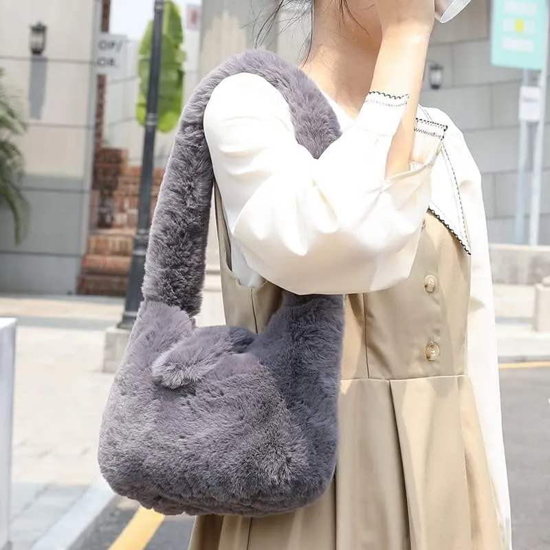 Plush Underarm Bag Y2K Women Aesthetic Fuzzy Tote Bag Furry Warm Winter Shoulder Bag Accessories (Blue)