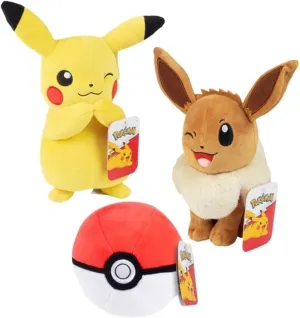 Pokemon 5" Poke Ball & 8" Eevee & Pikachu Plush 3-Pack - Officially Licensed - Let's Go Starters - Authentic Soft Stuffed Toy Figures & Pokeball - Gift for Kids, Boys, Girls - 2 
